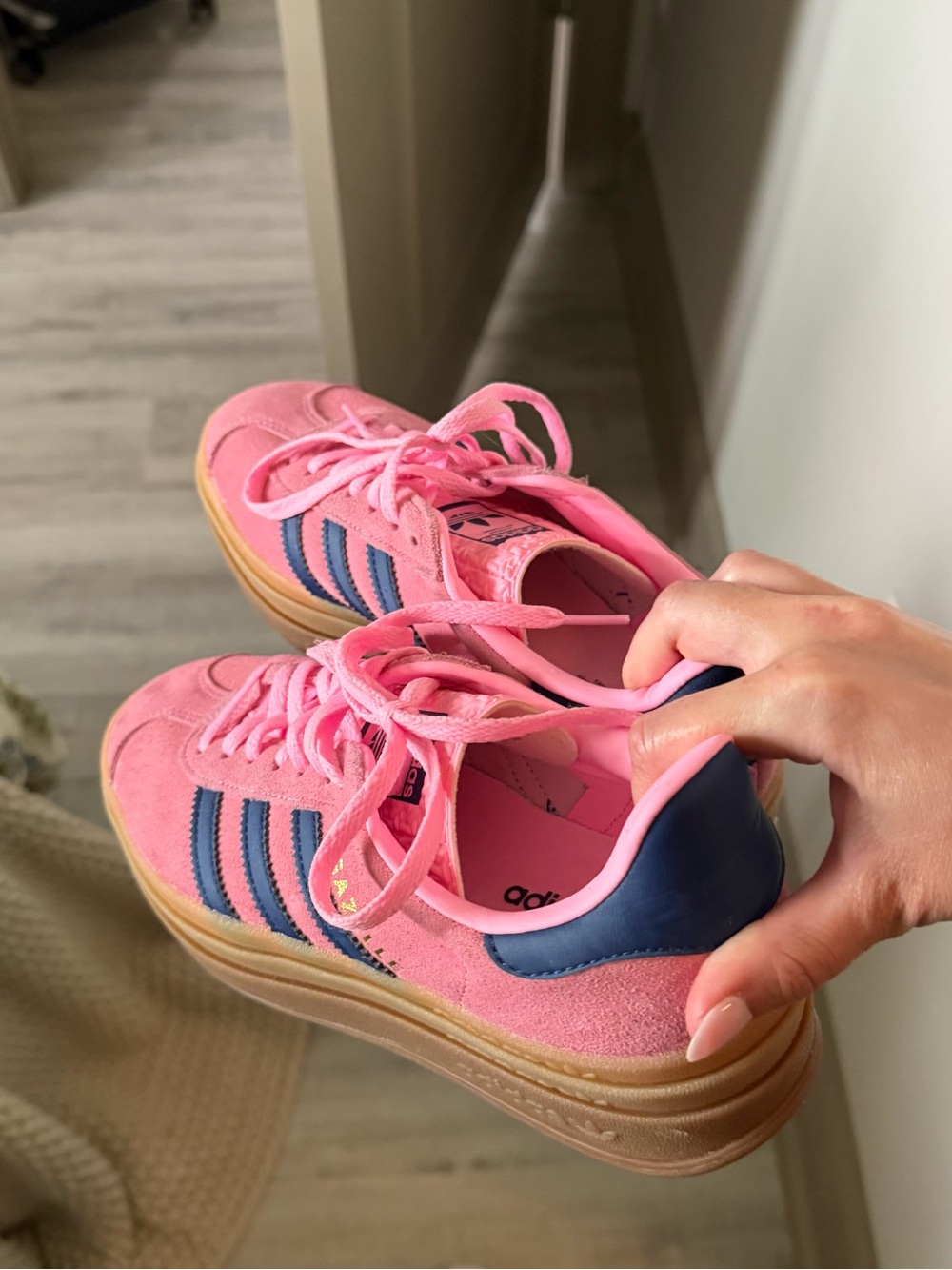 adidas Gazelle platform Pink Suede Sneakers with Navy Stripes